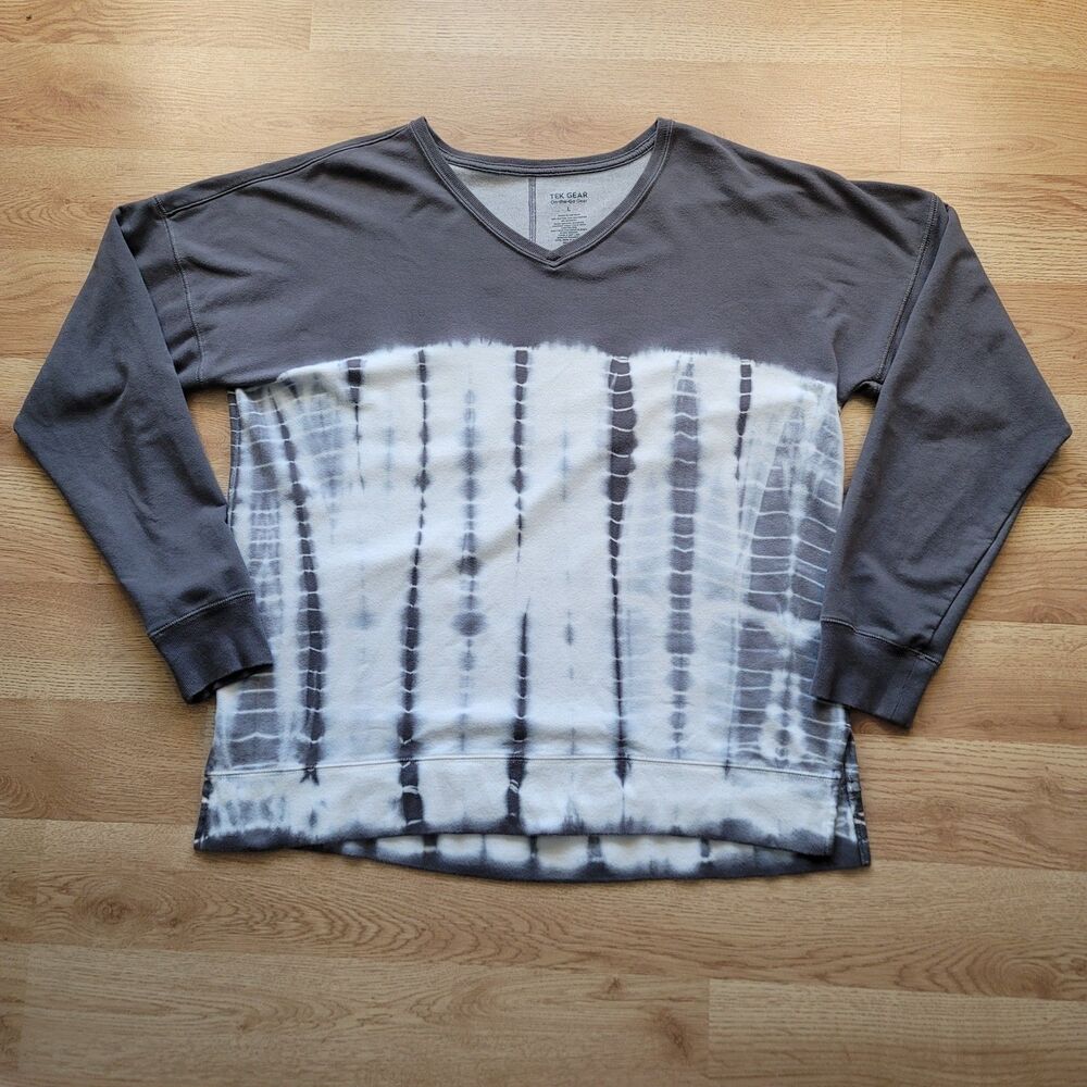 Tek Gear Womens V-Neck French Terry Sweatshirt Gray White Tie Dye Stripe Size L